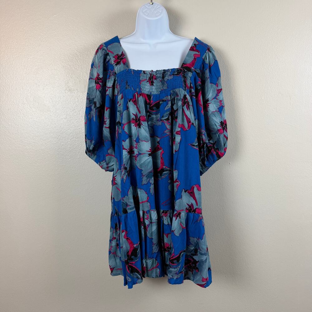 Band of the Free Soria Floral Mini Dress Medium Blue Lapis Slate Puff Sleeve